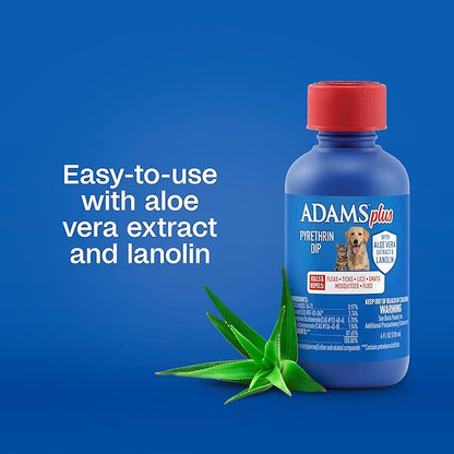 ADAMS Plus Pyrethrin Flea Dip for Dogs and Cats, Kills and Repels Fleas, Ticks, Lice, Gnats, Mosquitoes and Flies, for Dogs, Cats, Puppies, & Kittens, 4 Fl oz