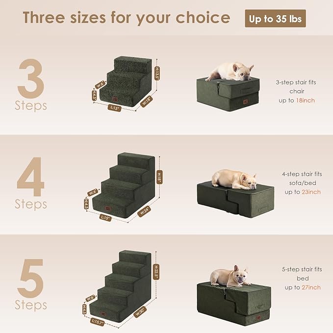 EHEYCIGA Dog Stairs for High Bed 22.5" H, 5-Step Dog Steps for Bed, Pet Steps for Small Dogs and Cats, Non-Slip Balanced Pet Ramp Indoor, Military Green