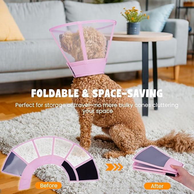 Dog Cone Collar for Dogs After Surgery,Transparent Dogs Cone Stop Licking,Foldable Dog Recovery Collars & Cones Anti-Bite Lick Protective Wound,Protective Elizabethan Collar Alternative,Pink,S