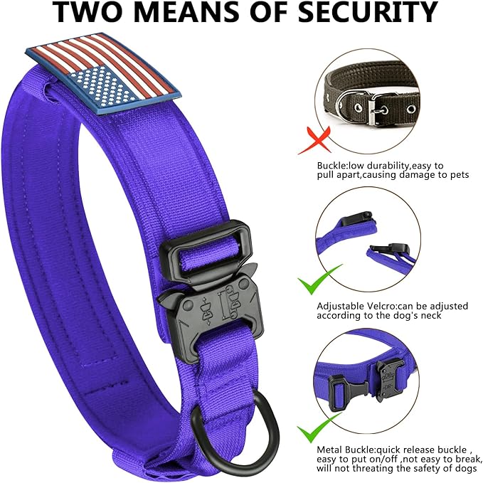 DAGANXI Tactical Dog Collar, Adjustable Military Training Nylon Dog Collar with Control Handle and Heavy Metal Buckle for Medium and Large Dogs, with Patches and Airtags Case (Purple, XL)