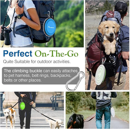 Pawaboo Silicone Collapsible Dog Bowls 2 Pack, Blue + Green, 5.1 x 3.5 x 2.1 in, 13 x 9 x 5.5 cm, Lid Included, Portable, Easy Cleanup, Suitable for Small to Medium Dogs