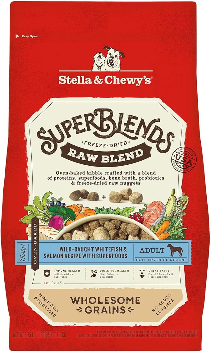 Stella & Chewy's SuperBlends Raw Blend Wholesome Grains Wild-Caught Whitefish & Salmon Recipe with Superfoods, 3.25 lb. Bag