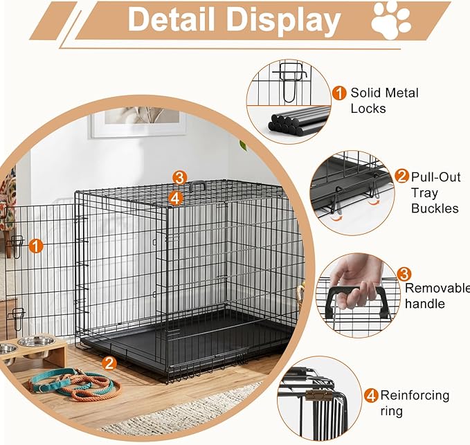 FDW XL Dog Crate 48inch Dog Cage Foldable Metal Kennel with Leakproof Tray Foldable Design Indoor Outdoor Use for Extra Large Dogs,Black