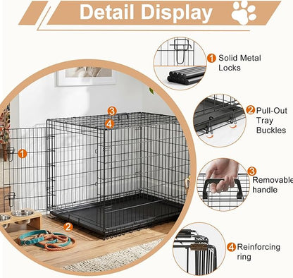 FDW XL Dog Crate 48inch Dog Cage Foldable Metal Kennel with Leakproof Tray Foldable Design Indoor Outdoor Use for Extra Large Dogs,Black
