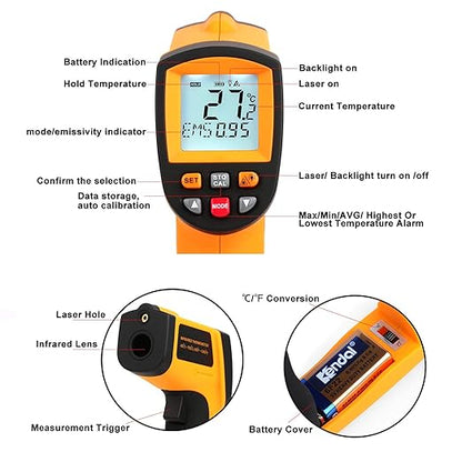 Laser Infrared Thermometer Gun - High Heat, Settable Temp Alarm, IR Temperature Reader -58F to 1742F, Industrial Surface Use