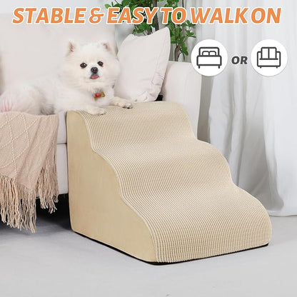 Aodisman 3-Step Dog Ramp and Stairs for Sofa and Chair - Non-Slip Sturdy Pet Steps for Small Dogs and Cats,15.7" H,Beige