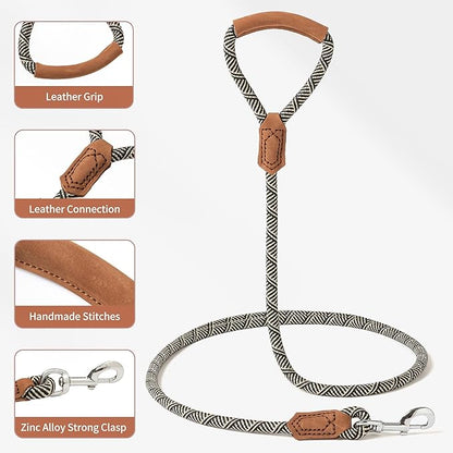 Mile High Life | Premium Leather Handle Dog Leash | Strong Rope Leash | Zinc Alloy Strong Clasp | Small Medium Large Dogs | 4/5/6 Feet(White, 48 Inch (Pack of 1))