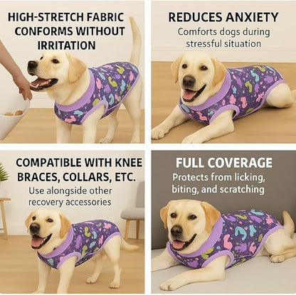 PetWarm Dog Surgery Suit, Surgical Recovery Suit for Dogs, Substitute E-Collar and Cone, Anti-Licking Pet Recovery Suit for Dogs, Dog Bodysuit, Dinosaur Pattern, Purple, L