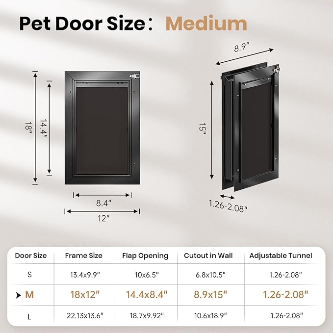 Dog Door for Door, Doggy Door Doggie Door, Medium Dog Door All Aluminum Black, Heavy Duty Pet Door, Double Magnetic Flaps, Thermal Tnsulation, Energy Efficient, Sliding Lock Panel (Pets Up to 45Lb)