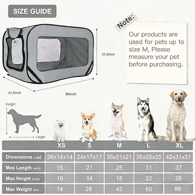Foldable Dog Kennel for Medium Dogs 36-inch, Portable Waterproof Dog Crate, Pop-Up Indoor/Outdoor Pet Cage & Car Seat Travel Bed (Grey)