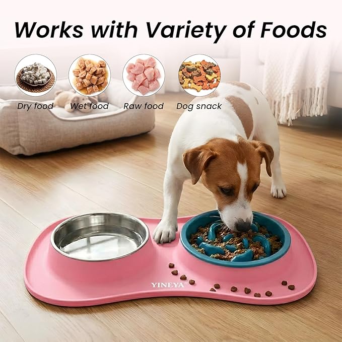 YINEYA Slow Feeder Dog Bowls Stainless Steel Food and Water Bowl Set 3 in 1 No Spill Waterproof Silicone Pet Food Mat Puppy Feeding Station for Large Medium Small Breed Non Slip Metal Dish Tray