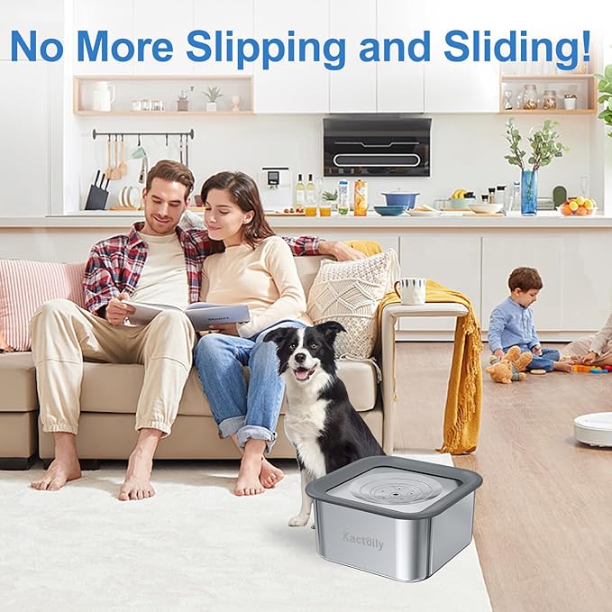 Kactoily 3L No-Spill Dog Water Bowl, Large Capacity Slow-Drinking Pet Water Feeder with Anti-Splash Floating Disk and Non-Slip Base (Square Dog Bowl)