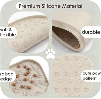 2 Pack Pet Feeding Mats, Waterproof Anti-Slip Placemats for Dog Cat Bowl Silicone Pet Food Mat, Raised Edge Prevent Spills on Floor & Carpet, Dishwasher Safe (2 Beige, 11" x 11")