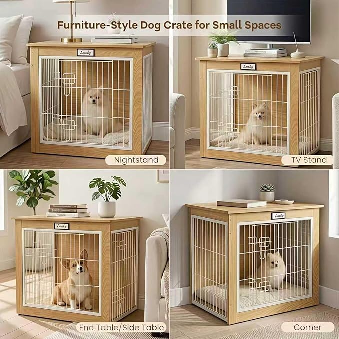 Oak Dog Crate Furniture with Reversible Side Door, 28'' Wooden Indoor Dog Kennel for Small Medium Dogs, Furniture Style End Table Dog Crate with Double Locks, Steel Mesh Dog Cage