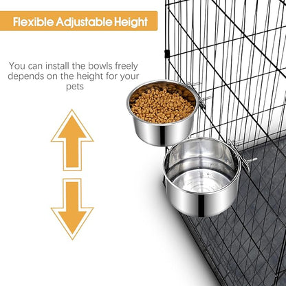 2 Pcs Large Pet Dog Food Water Bowl for Cage Stainless Steel Non-Spill Kennel Hanging Cats Bowls with Clamp Holder Crate Feeder Dish for Medium Large Dogs Huge Pets (7.1x3.7'' & 7.1x2.5'')