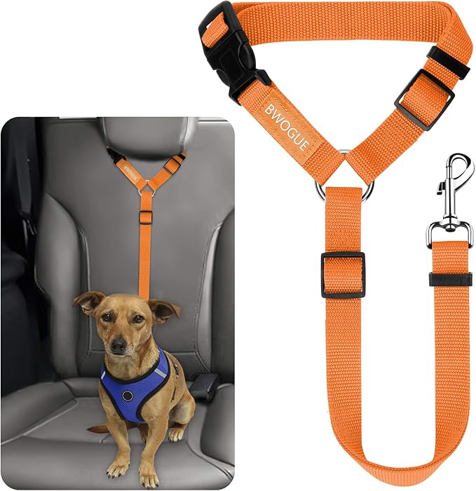 BWOGUE Pet Dog Cat Seat Belts, Car Headrest Restraint Adjustable Safety Leads Vehicle Seatbelt Harness (1 Pack, Orange, Not Elastic)