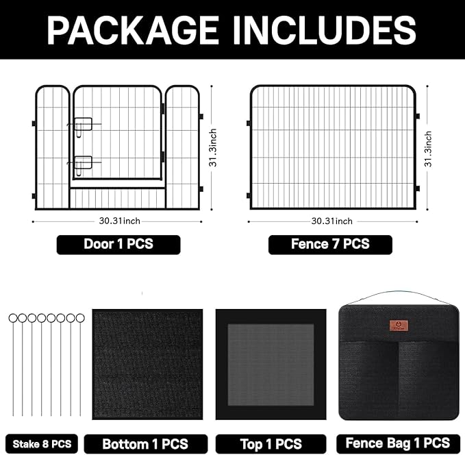 PJYuCien Dog Playpen Plus Storage Bag, 31.3" H 8 Panels Puppy Pen with Square Bottom & Top Cover, Heavy Duty Dog Fence for Camping