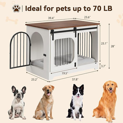 Dog Crate Furniture, 39.4 in Dog Kennel for Dogs Up to 70 LB, with Bed Mat, Heavy-Duty Dog Cage End Table, Three Doors Dog House, White/Brown