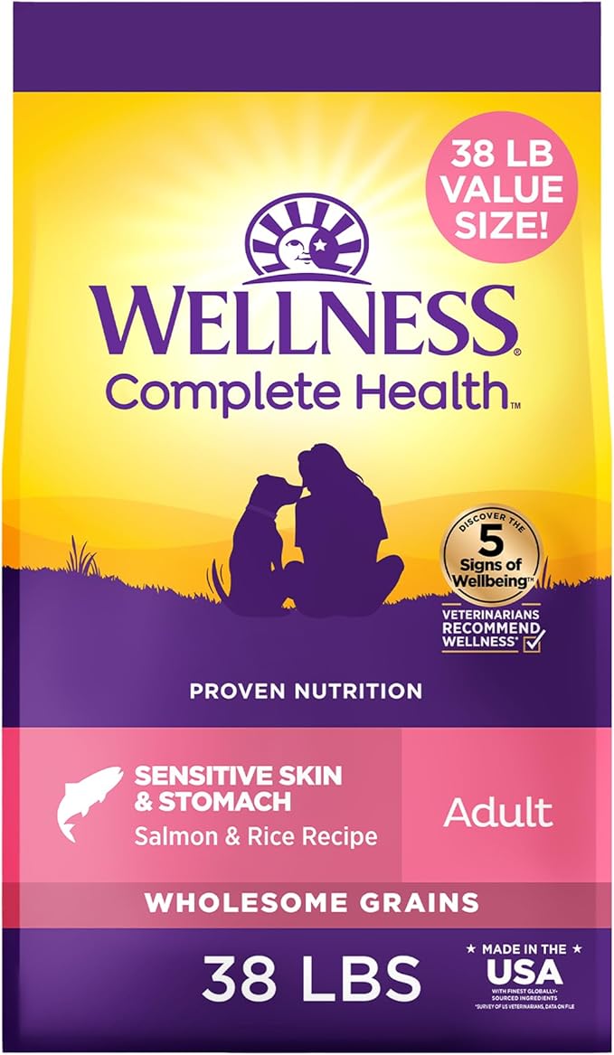 Wellness Complete Health Sensitive Skin and Stomach Dry Dog Food, Wholesome Grain Kibble, Natural, Chicken Free, Salmon and Rice Recipe, 38 lb Bag