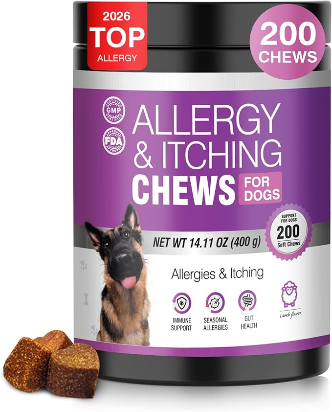 Dog Allergy Chews 200ct - Dog Allergy and Itching Skin Relief Anti Itch Aller Immune Bites for Dogs licking Paws Treatment Relief Itchy Chew Probiotics Vitamins for Skin and Coat Allergies - Lamb