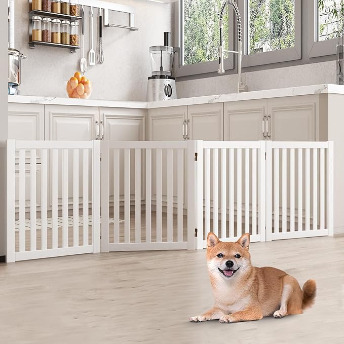 WELLAND Wooden Freestanding Pet Gate, 4 Panel 24 Inch Step Over Fence, Expands Up to 80" Wide, Foldable Indoor Dog Gate Puppy Safety Fence, White