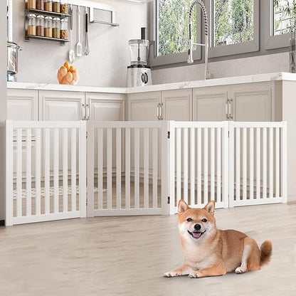 WELLAND Wooden Freestanding Pet Gate, 4 Panel 24 Inch Step Over Fence, Expands Up to 80" Wide, Foldable Indoor Dog Gate Puppy Safety Fence, White