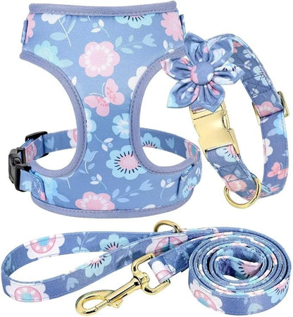 Beirui Cute Girl Dog Collars, Harnesses & Leashes Set - Adjustable Dog Collar and Leash Set with Flower - Soft Mesh Dog Vest Harness for Puppies Small Medium Dogs (Purple,S)
