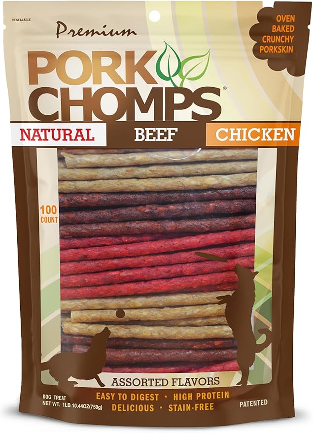 Pork Chomps Dog Chews, 5 Inch Munchy Sticks, 100 Count - Assorted Flavors: Roasted Pork, Chicken, & Bacon - Long-Lasting Treats for Dogs - High Protein, Low Fat, Healthy & Delicious Chews (1 Pack)