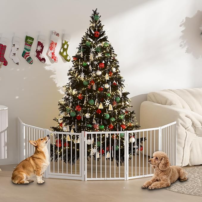 SNUOWU Full Metal Freestanding Dog Gate with Door, 24'' Height Foldable Pet Dog Fence for Indoor & Outdoor, 6 Panels Extra Wide Free Standing SmallDog Gates for Doorways,House,Stairs,Porch,Deck,Yard