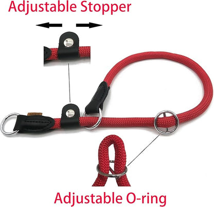 Braided Round Martingale Dog Collar, Training Collar with Slidable Stop Ring and Adjustable Stopper - Ideal for Large Dogs (L(1/2") - 20" Long, Red)