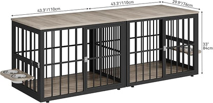 YITAHOME 88.6" Double Dog Crate Furniture, Wooden Dog Kennel with Bowls & 3 Doors, Large Double Crate Furniture TV Stand, Grey
