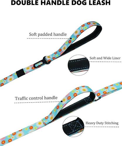Hotsky Double Handle Dog Leash for Large Medium and Small Breed Dogs that Pull,Adjustable Nylon Heavy Duty Dog Leash with Car Seat Belt for Walking and Training,Daisy,4.5-6 FT