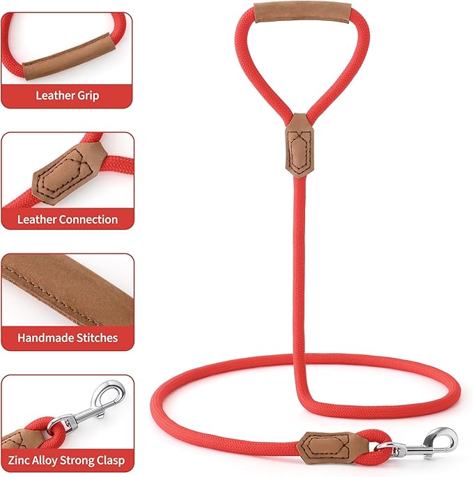 Mile High Life Leather Dog Leash, Heavy Duty Strong Genuine Leather Handle Rope Leash Soft and Comfortable for Small Medium Large Dogs (Red, 60 Inch)