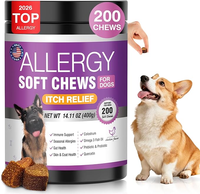 Dog Allergy Chews 200ct - Dog Allergy Itching Skin Relief & Immune Support Anti Itch Probiotics for Yeast, Itchy Skin and Itchy Ears, Vitamins for Seasonal Allergies Itchy Skin, Gut Health, Chicken