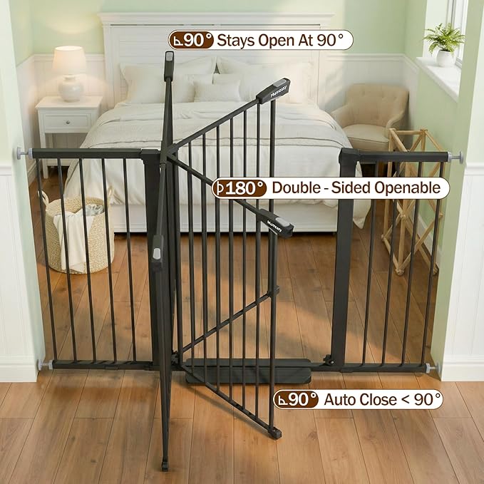 Mumeasy 36" Extra Tall Baby Gate for Doorways, 29.7"-57" Extra Wide Dog Gate for Stairs, Pressure Mounted Auto Close Pet Safety Gate with Easy Walk Thru Door, Large Indoor Child Gate for House, Black