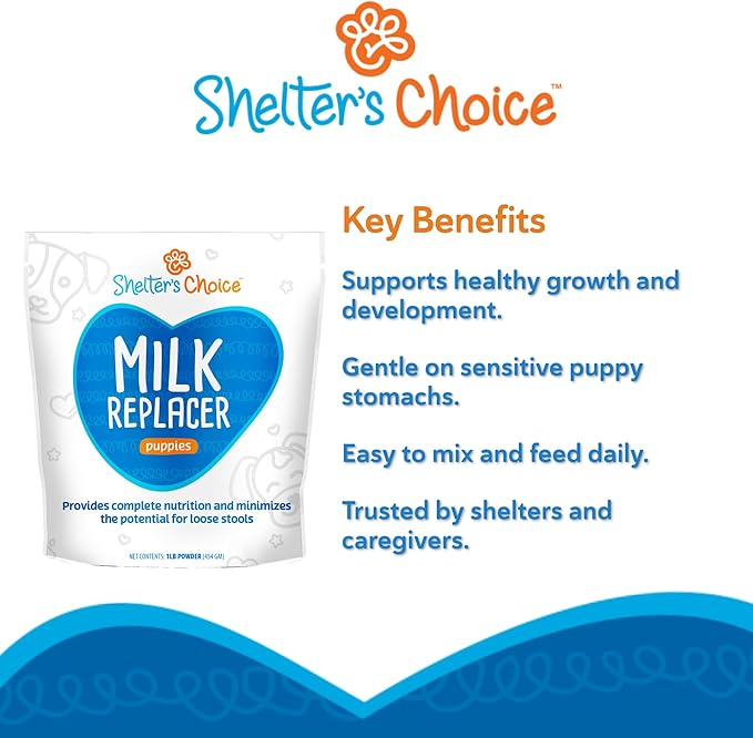 Shelter's Choice Puppy Milk Replacer, Milk for Abandoned Puppies or Puppies Born in Shelters, Provides Complete Nutrition, Supports Healthy GI Tract, and is Easy to Mix, 1 lb