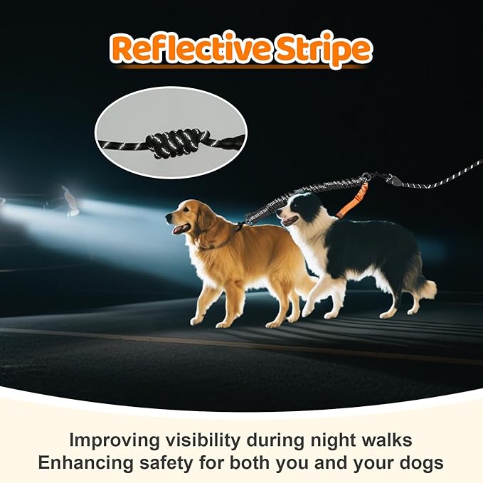 Double Dog Leash - 360°Swivel Tangle Free Splitter Attachment, 2 Dogs Multi-Functional Leashes, Dual Rope for Outdoor Walk Train Small Medium Large Two Pet, Orange