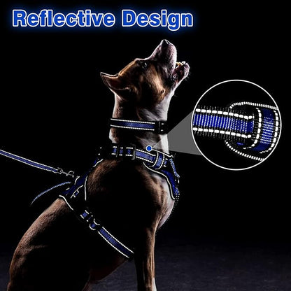 WINSEE Pet Harness Collar and Leash Set, All-in-one Reflective Dog Harness No Pull with Adjustable Buckles for Puppies, Small, Medium, Large, and Extra-Large Dogs (Medium, Dark Blue)