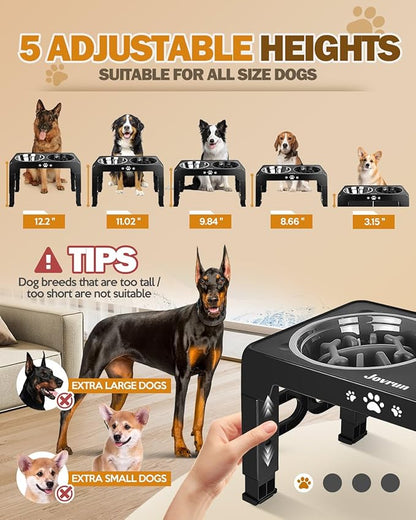 Jovrun Elevated Dog Bowls for Medium Large Size Dogs, Non-Slip Dog Feeder with 1*Stainless Steel Dishes & 1*Slow Feeder Bowl, 5 Heights Adjustable Raised Bowls to 3.15″-8.66″-9.84″-11.02″-12.2″