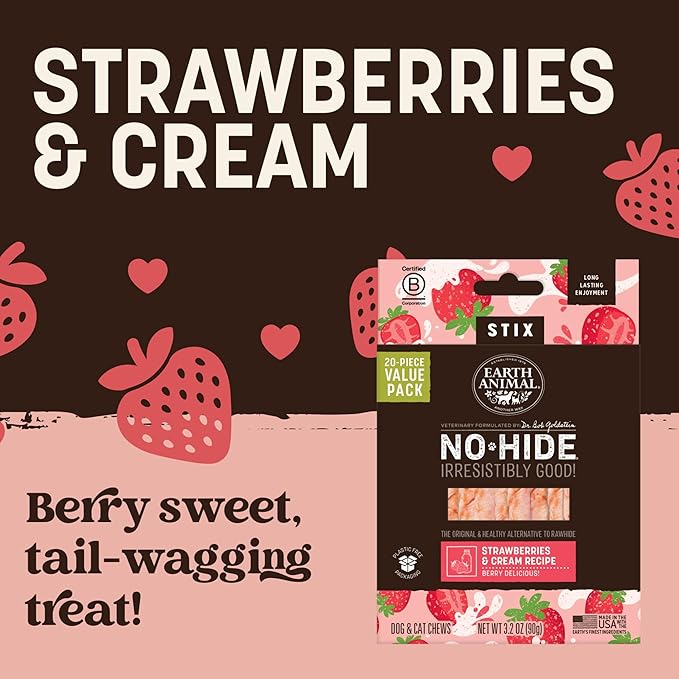 Earth Animal No-Hide Stix Strawberries & Cream Vegetarian Recipe Natural Rawhide Alternative Dog & Cat Chews, 20 Pack Value Pack