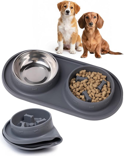 MalsiPree 2-in-1 Puppy Slow Feeder & Water Bowl Set - Puppy Adoption Gifts & Dog Birthday Treats Station - Silicone Feeding Mat with Stainless Steel Bowls - Accessories & Training Supplies - Gray