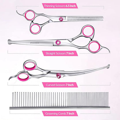 Gimars Dog Grooming Scissors Kit Professional 4CR with Safety Round Tip, 5 in 1 Heavy Duty Titanium Coated Thinning & Curved & Straight Shears