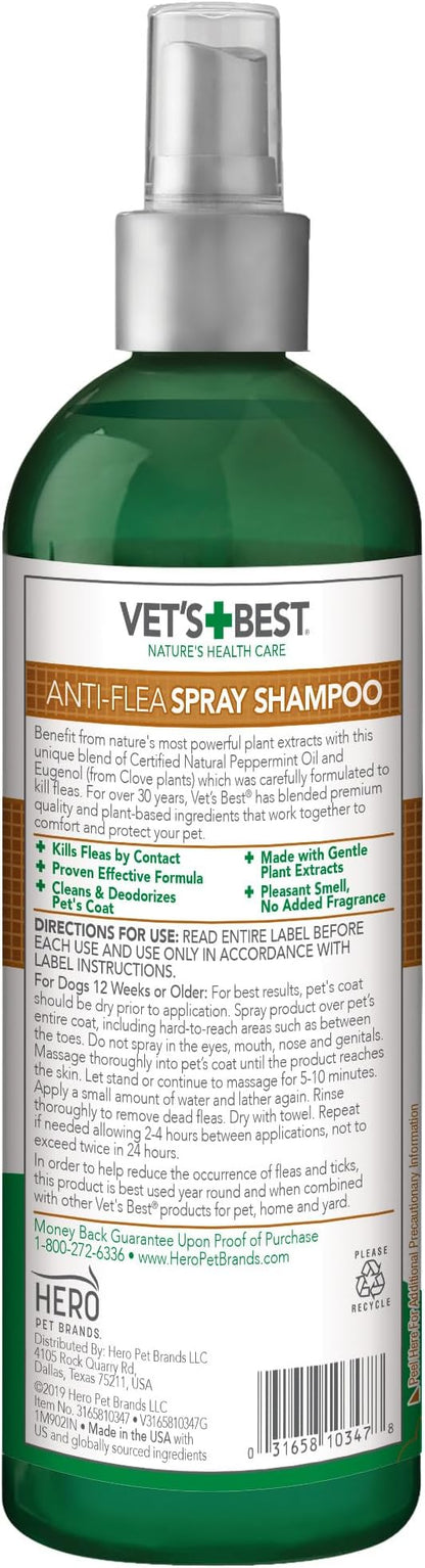 Vet’s Best Natural Flea and Tick Spray Shampoo for Dogs – Natural Plant-Based Formula with Certified Essential Oils – Anti-Flea and Tick Treatment with Itch Relief – Safe Pest Control – 16 oz Bottle