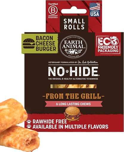 Earth Animal No Hide Chews - from the Grill Rolls Bacon Cheeseburger Flavor Rawhide Free Small Dog Chews - 6 Count