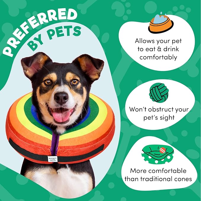 BENCMATE Inflatable Dog Cone Collar Alternative, Soft Dog Cone for Small Medium Large Dogs and Cats, Neck Recovery ECollar Donut Collar After Surgery (Small, Rainbow)