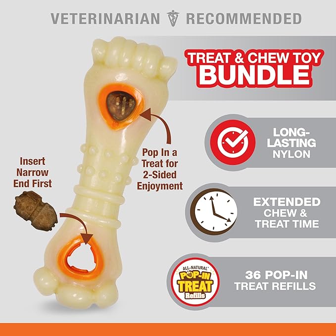 Nylabone Knuckle Bone Pop-in Treat Toy Power Chew Toy with 30 Refills, Interactive Treat Dispensing Enrichment Toys for Dogs, Long Lasting Chicken Flavor, Large Dogs - Up to 50 lbs, 2 Pack