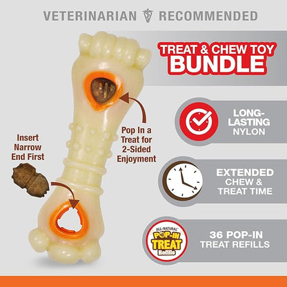 Nylabone Knuckle Bone Pop-in Treat Toy Power Chew Toy with 30 Refills, Interactive Treat Dispensing Enrichment Toys for Dogs, Long Lasting Chicken Flavor, Large Dogs - Up to 50 lbs, 2 Pack