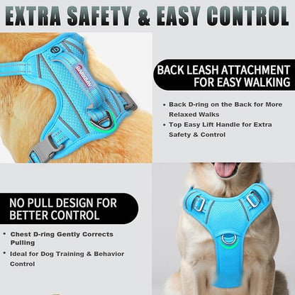 BARKBAY No Pull Dog Harness Large Reflective Dog Harness with Front Clip and Easy Control Handle for Walking Training Running with ID tag Pocket(Blue,M)