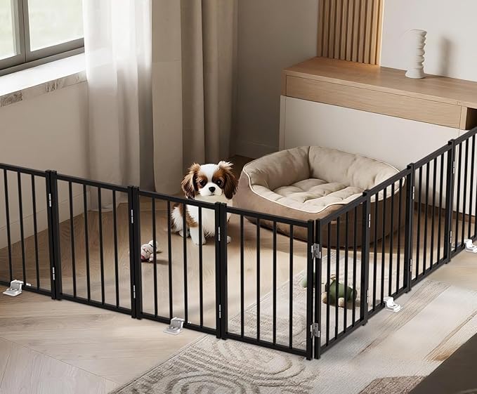 BFNN Metal Short Dog Gate, 16.5" High to Step-Over, Free Standing Foldable Pet Gate, Up to 96" Wide Puppy Fence for Stairs and Doorways, Indoor & Outdoor Use, No Drilling and No Assembly, Black