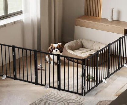 BFNN Metal Short Dog Gate, 16.5" High to Step-Over, Free Standing Foldable Pet Gate, Up to 96" Wide Puppy Fence for Stairs and Doorways, Indoor & Outdoor Use, No Drilling and No Assembly, Black